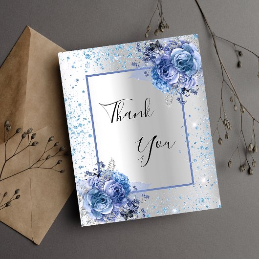 Silver blue floral glitter elegant bedankt