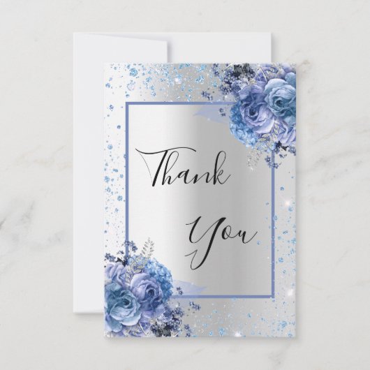 Silver blue floral glitter elegant glamoureus bedankkaart (Voorkant)