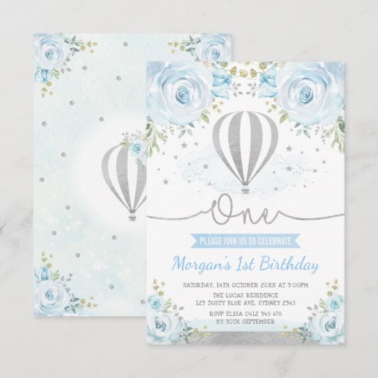 Silver Blue Floral Hot Air ballon, 1e verjaardag Kaart (Voorkant / Achterkant)