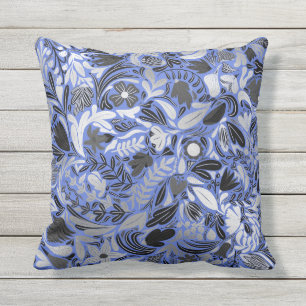 Silver Blue Floral Leaves Illustration Pattern Buitenkussen