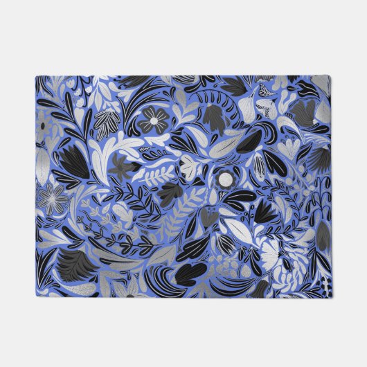 Silver Blue Floral Leaves Illustration Pattern Deurmat (Voorkant)