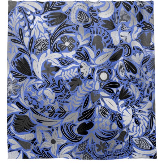 Silver Blue Floral Leaves Illustration Pattern Douchegordijn (Voorkant)