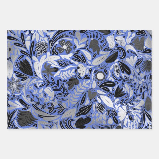 Silver Blue Floral Leaves Illustration Pattern Inpakpapier Vel (Voorkant)