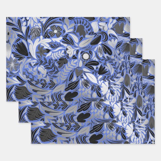 Silver Blue Floral Leaves Illustration Pattern Inpakpapier Vel (Set)
