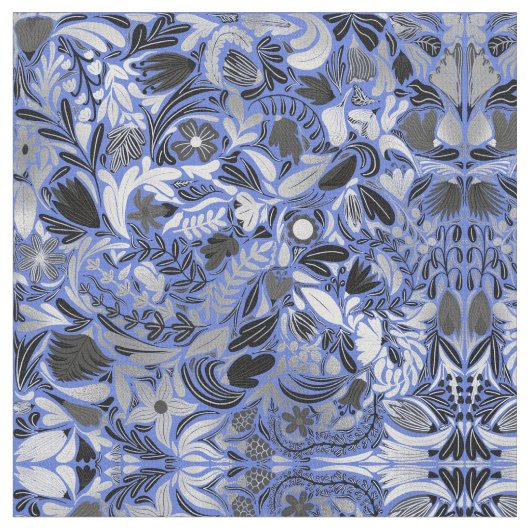 Silver Blue Floral Leaves Illustration Pattern Stof (Close Up)