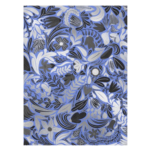 Silver Blue Floral Leaves Illustration Pattern Tafelkleed (Voorkant)