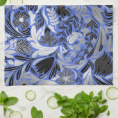 Silver Blue Floral Leaves Illustration Pattern Theedoek (Gevouwen)