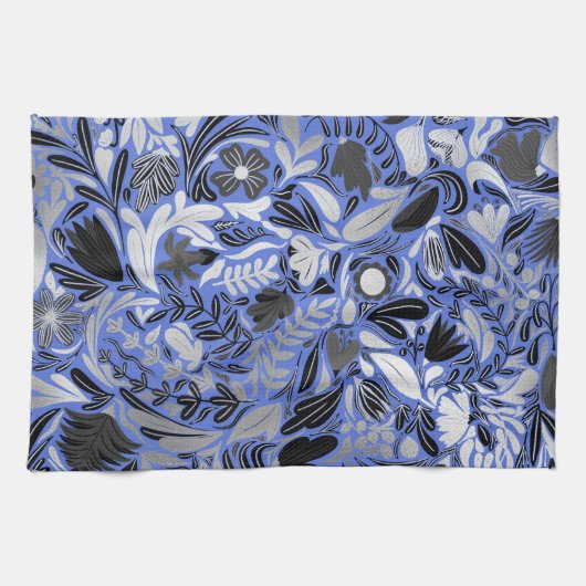 Silver Blue Floral Leaves Illustration Pattern Theedoek (Horizontaal)