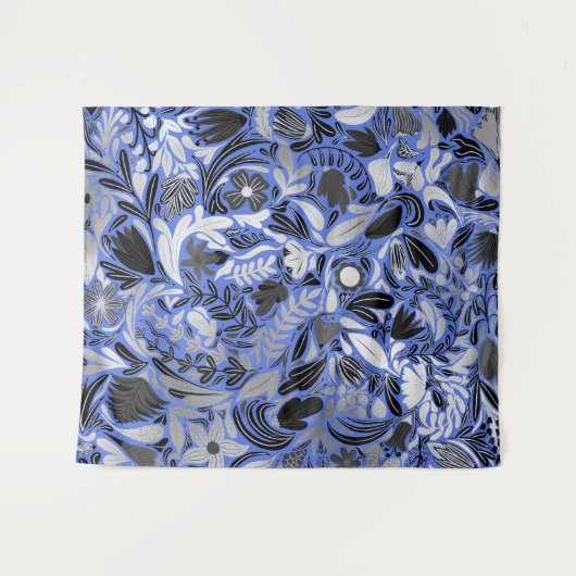 Silver Blue Floral Leaves Illustration Pattern Wandkleed (Voorkant (horizontaal))