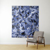 Silver Blue Floral Leaves Illustration Pattern Wandkleed (In situ)