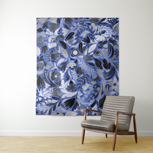 Silver Blue Floral Leaves Illustration Pattern Wandkleed (In situ)