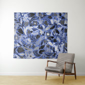 Silver Blue Floral Leaves Illustration Pattern Wandkleed (In Situ (horizontaal))