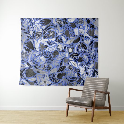 Silver Blue Floral Leaves Illustration Pattern Wandkleed (In Situ (horizontaal))