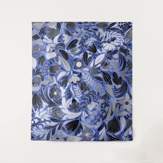 Silver Blue Floral Leaves Illustration Pattern Wandkleed (Voorkant)