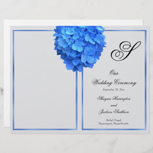 Silver Blue Floral Monogram Wedding Program Hoesje (Voorkant / Achterkant)