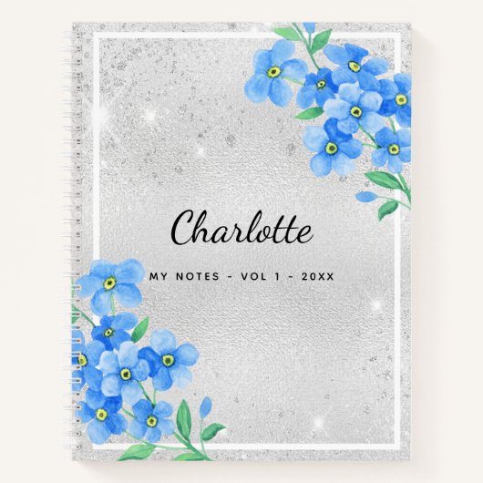 Silver blue floral name script notitieboek (Voorkant)