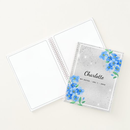 Silver blue floral name script notitieboek (Binnen)