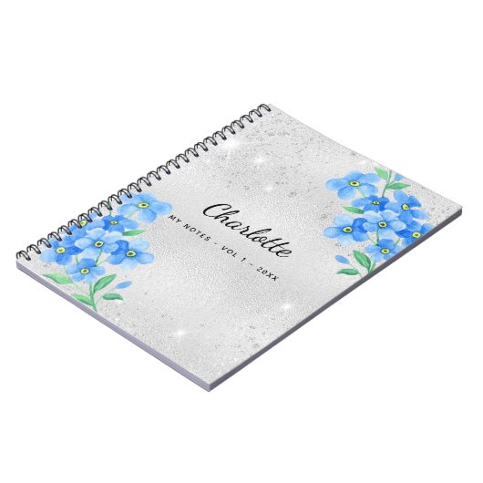 Silver blue floral name script notitieboek (Linkerzijde)