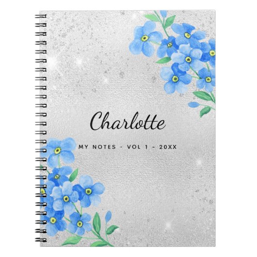 Silver blue floral name script notitieboek (Voorkant)
