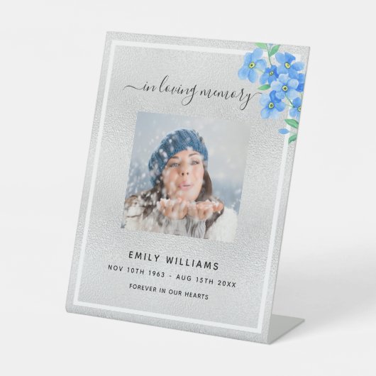 Silver blue floral photoherdenkings reclamebord met voetstuk (Voorkant)