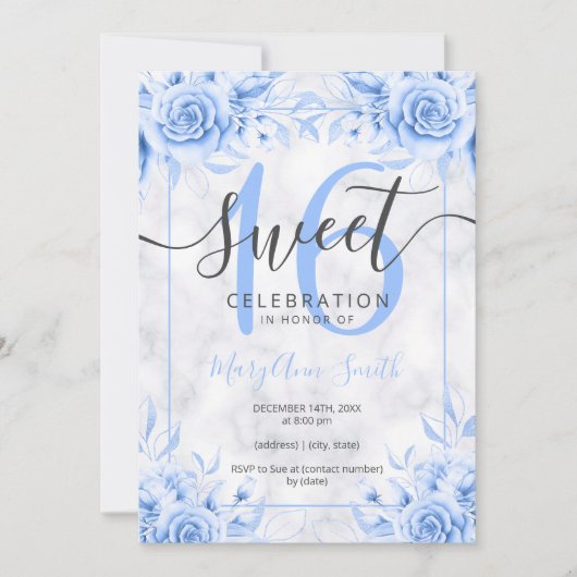 Silver Blue Floral Sweet 16 Marble Glitter Kaart (Voorkant)