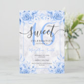 Silver Blue Floral Sweet 16 Marble Glitter Kaart (Staand voorkant)