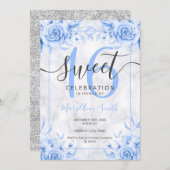 Silver Blue Floral Sweet 16 Marble Glitter Kaart (Voorkant / Achterkant)