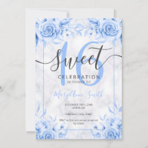 Silver Blue Floral Sweet 16 Marble Glitter