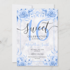 Silver Blue Floral Sweet 16 Marble Glitter Kaart