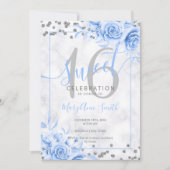 Silver Blue Floral Sweet 16 Marble Glitter Kaart (Voorkant)