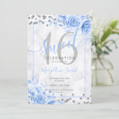 Silver Blue Floral Sweet 16 Marble Glitter Kaart (Staand voorkant)