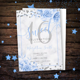Silver Blue Floral Sweet 16 Marble Glitter Kaart