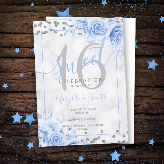 Silver Blue Floral Sweet 16 Marble Glitter Kaart