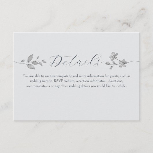 Silver Blue Floral Wedding Details Kaart (Voorkant)