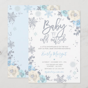 Silver & Blue Floral Winter Baby shower Snowflake Kaart