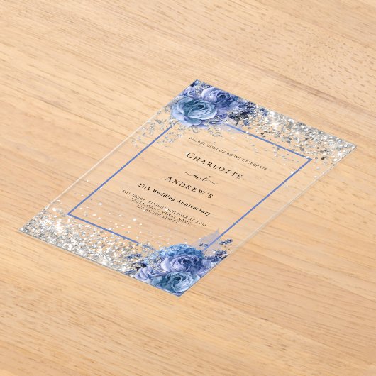Silver blue florals 25th wedding anniversary clear acryl uitnodigingen (Laagn)