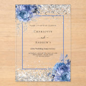 Silver blue florals 25th wedding anniversary clear acryl uitnodigingen (Voorkant)