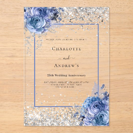 Silver blue florals 25th wedding anniversary clear acryl uitnodigingen (Voorkant)