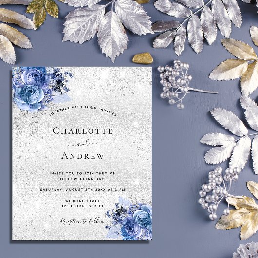Silver blue florals budget bruiloft uitnodiging flyer