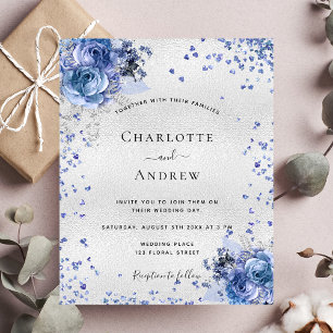 Silver blue florals budget bruiloft uitnodiging flyer