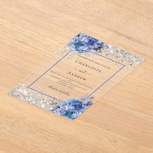 Silver blue florals clear luxury wedding acryl uitnodigingen (Laagn)