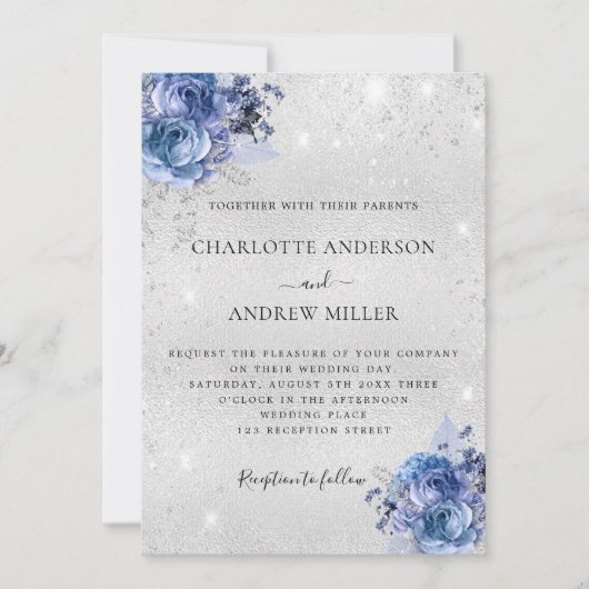 Silver blue florals elegant bruiloft kaart (Voorkant)