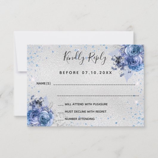 Silver blue florals elegant bruiloft RSVP (Voorkant)