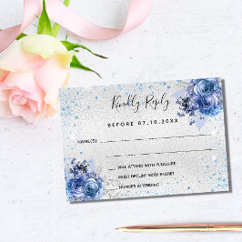 Silver blue florals elegant bruiloft RSVP Kaartje