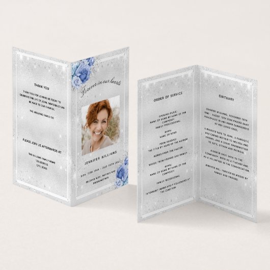 Silver blue florals foto glitter begrafenisprogram kaart (Binnen en buitenkant)