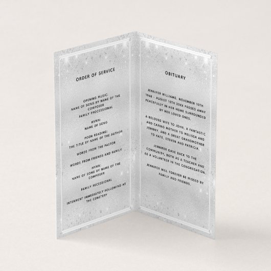 Silver blue florals foto glitter begrafenisprogram kaart (Binnen)