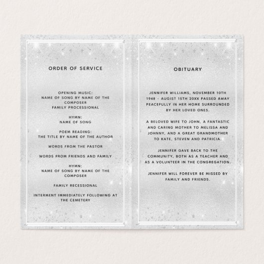 Silver blue florals foto glitter begrafenisprogram kaart (Binnenkant ongevouwen)