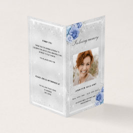 Silver blue florals foto glitter begrafenisprogram kaart