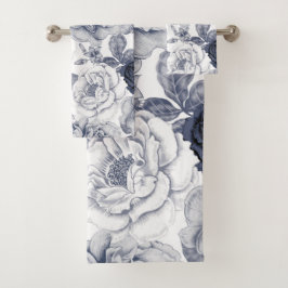 Silver Blue Flowers Pattern Bath Towel Set Bad Handdoek