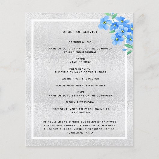 Silver Blue Foral Photo begrafenis (Achterkant)